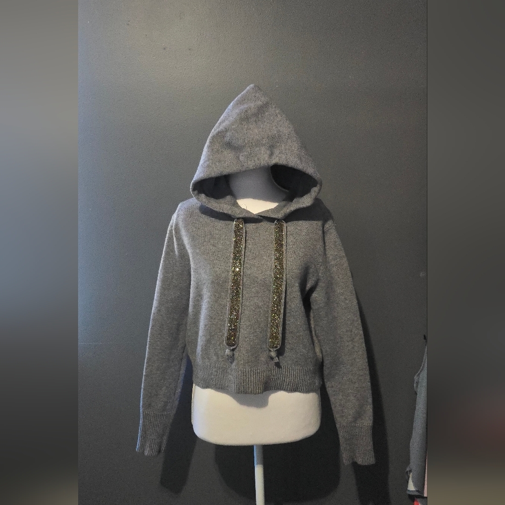 Zara Knit Gray Hooded Sweatshirt with Sparkle Drawstrings